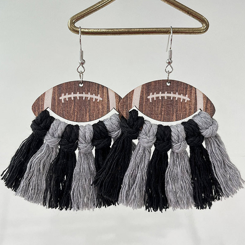 Wholesale 2 Pairs/pack Sports Woven Tassel Rugby Football Cheerleaders Wooden Drop Earrings